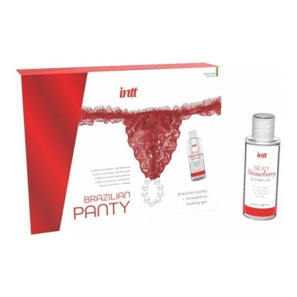 Набір Intt BRAZILIAN PANTY RED: трусики на зав'язках S-XL з перлинним кільцем + полуничний лубрикант
