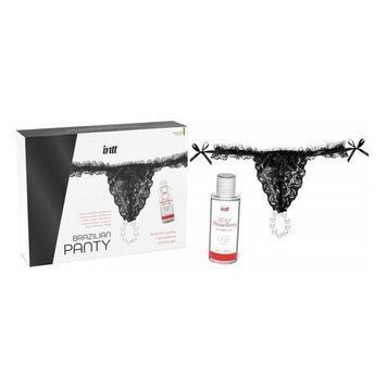 Набір Intt BRAZILIAN PANTY BLACK: трусики на зав'язках S-XL з перлинним кільцем + полуничне мастило