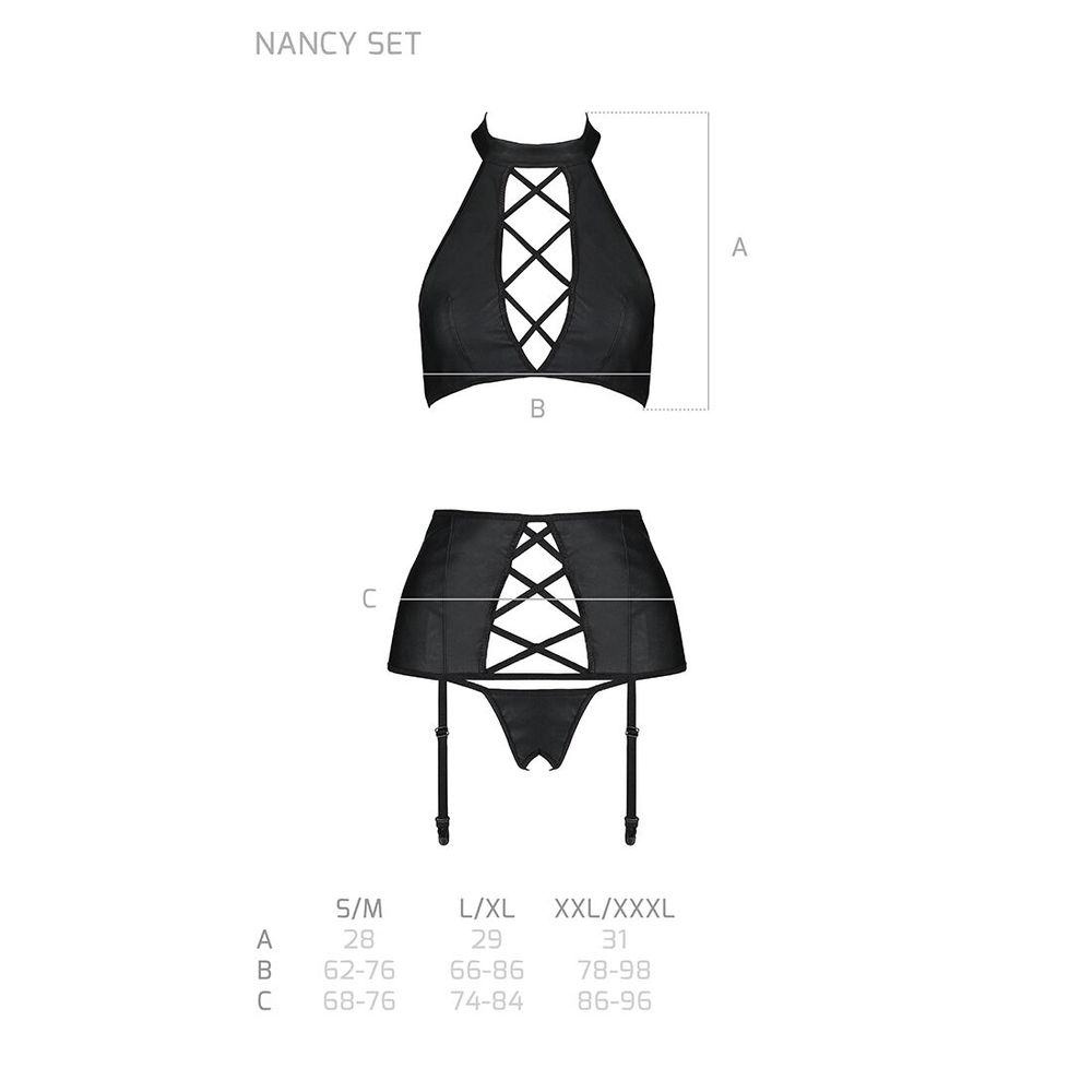 Комплект з еко-шкіри з імітацією шнурівки Nancy Set black S/M - Passion топ, трусики та пояс для чуло