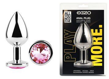 Анальная пробка с кристаллом EGZO - Silver Round Plug Pink size M, Серебристый