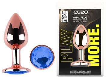 Анальная пробка с кристаллом EGZO - Rose Gold Round Plug Blue size M, Розовое золото