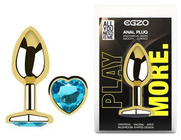 Анальная пробка с кристаллом EGZO - Gold Heart Plug Aqua size M, Золотой