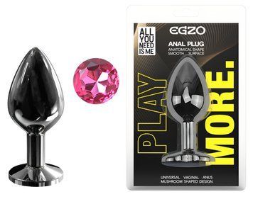 Анальная пробка с кристаллом EGZO - Dark Gray Round Plug Rose, size M, Темное серебро