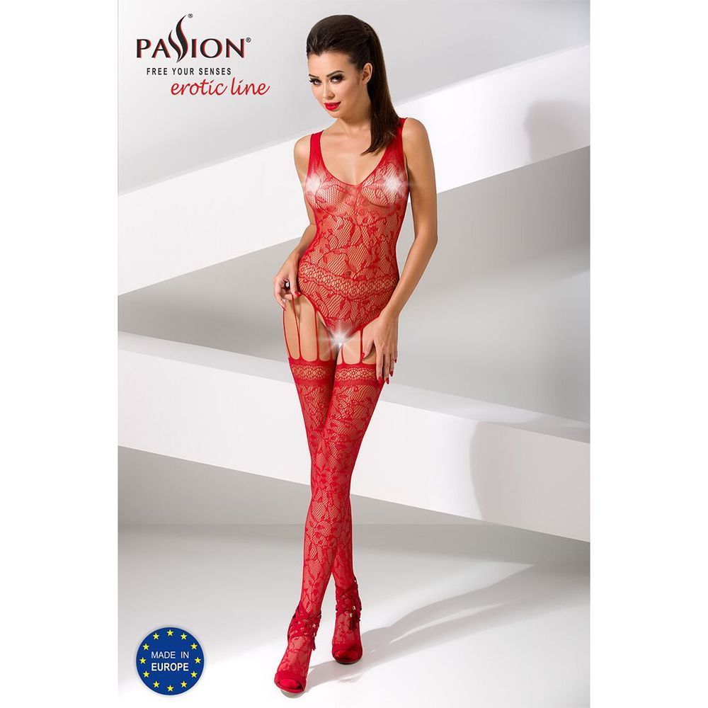 Бодістокінг Passion BS051 red, комбінезон, імітація панчох та боді