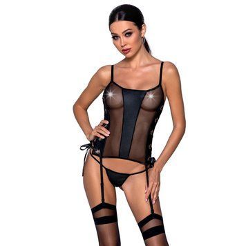 Сетчатый корсет из эко-кожи, с люверсами и съемными пажами Malwia Corset black S/M &mdash; Passion, стринг