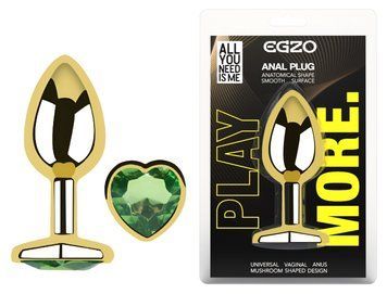 Анальная пробка с кристаллом EGZO - Gold Heart Plug Green size M, Золотой