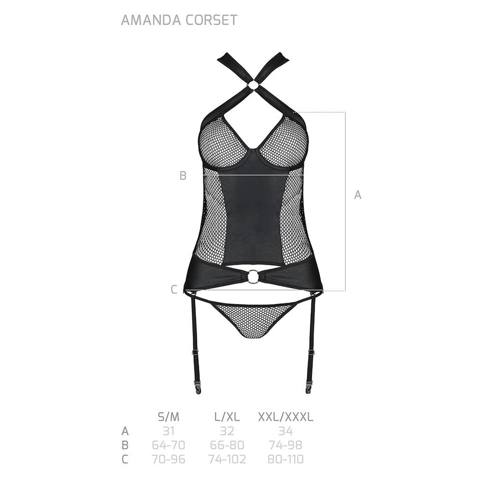 Сітчастий комплект корсет з халтером, знімні підв'язки та трусики Amanda Corset black L/XL - Passion