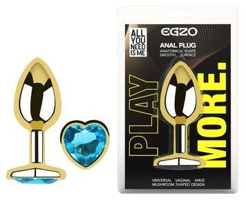 Анальная пробка с кристаллом EGZO - Gold Heart Plug Aqua size S, Золотой