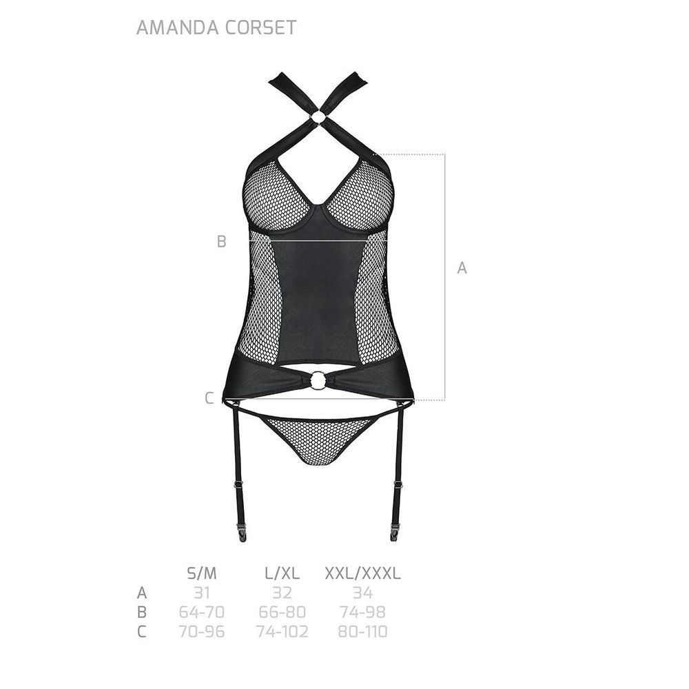 Сетчатый комплект корсет с халтером, съемные подвязки и трусики Amanda Corset black XXL/XXXL - Passi