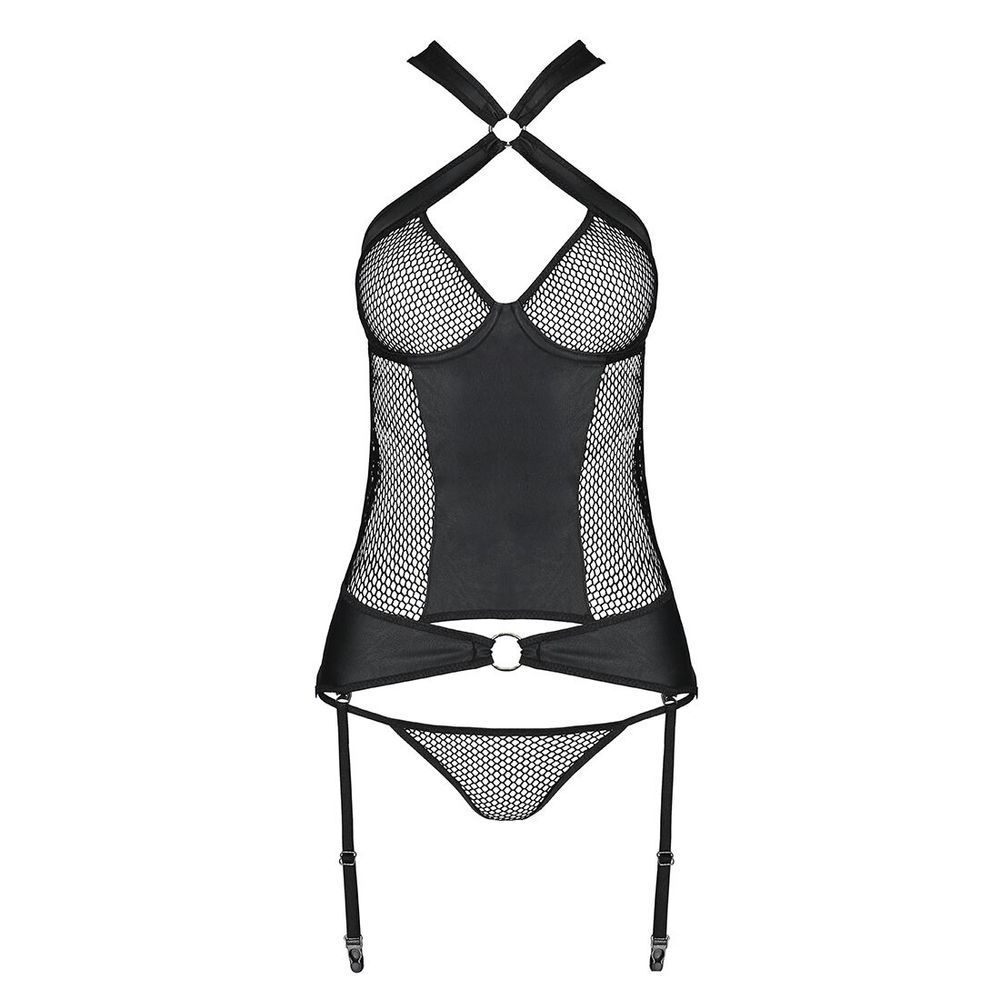 Сетчатый комплект корсет с халтером, съемные подвязки и трусики Amanda Corset black XXL/XXXL - Passi
