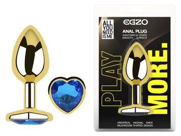 Анальная пробка с кристаллом EGZO - Gold Heart Plug Blue size M, Золотой
