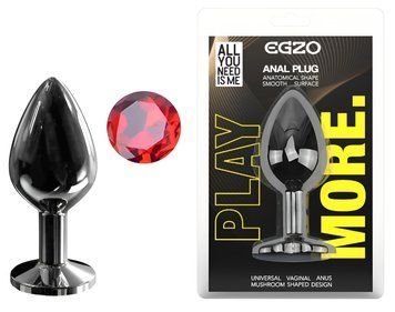 Анальная пробка с кристаллом EGZO - Dark Gray Round Plug Red, size M, Темное серебро