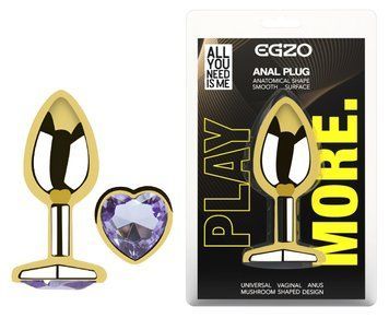 Анальная пробка с кристаллом EGZO - Gold Heart Plug Amethyst size S, Золотой