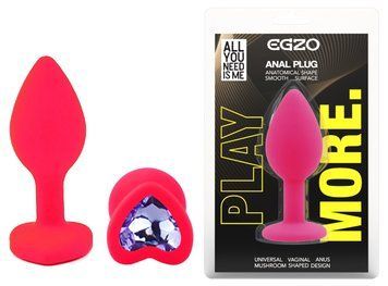 Силиконовая анальная пробка EGZO - Silicone Pink Heart Plug Amethyst, size S, Розовый